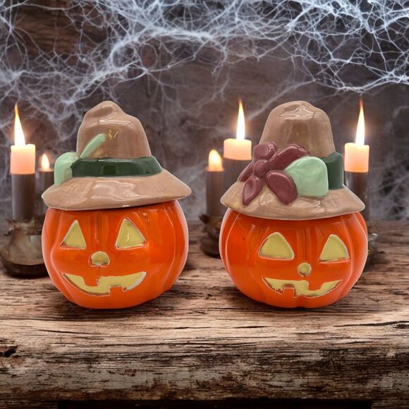 Halloween Decor Scarecrow Jack O Lantern Pair Handpainted Removeable Hat Signed - Picture 1 of 12